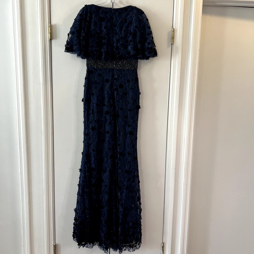 Mac Duggal Embellished Blue Maxi Gown Dress sz 4 Floral Cape style sleeve 67712 - Picture 5 of 8